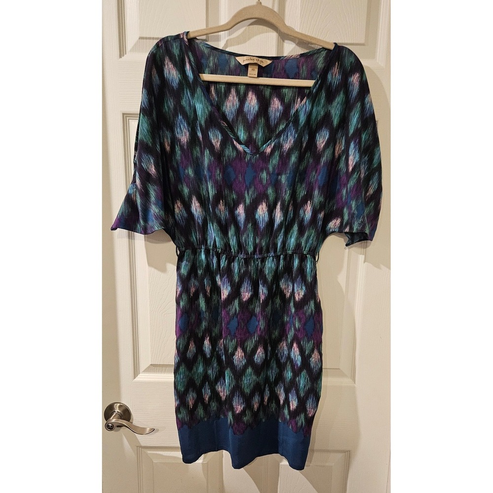 Presley Skye Silk Dress XS Batwing Sleeve‎ Shift Elastic Waist Mini Blue Purple